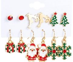 For Fun & Home Súprava vianočných náušníc s perleťovými zirkónmi a snehovou vločkou, žltý kov, rubínové zirkóny, zapínanie na gombíky