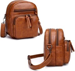 For Fun & Home Elegantná kožená taška na telefón Camerazar, svetlohnedá, 20x16x9 cm, s nastaviteľným popruhom a dvoma priehradkami na zips