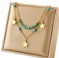 For Fun & Home Dvojitý náhrdelník z chirurgickej ocele 316L, zlatý, s modrými hviezdičkami a kruhmi, dĺžka 40-44 cm