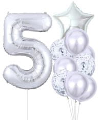 Camerazar Sada 10 strieborných balónov na piate narodeniny - latexové a fóliové, veľkosť 81 cm, 45 cm a max. 25 cm