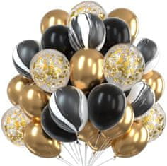 Camerazar Sada 30 balónov v zlatej a čiernej farbe, latex, priemer 25 cm, s konfetami na svadbu a narodeninovú oslavu