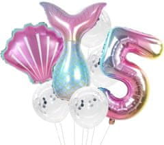 Camerazar Sada 7 narodeninových balónov s konfetami Morská panna, ružová/biela, latex/fólia, číslo 5