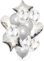 Camerazar Sada 14 strieborných balónov s hviezdami, latex a fólia, 45 cm