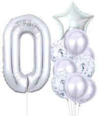 Camerazar Sada 10 strieborných narodeninových balónov s číslom 0, výška čísla 81 cm, veľkosť hviezdy 45 cm, latex