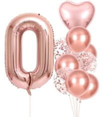 Camerazar Sada 10 narodeninových balónov ružovej farby s číslom 0, veľkosť čísla 81 cm, veľkosť srdca 45 cm