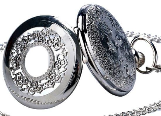 Camerazar Steampunkové vreckové hodinky, strieborné ažurové hodinky, šperky z kovu, biely ciferník s arabskými číslicami, dĺžka reťaze 37 cm
