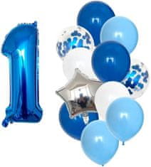 Camerazar Sada 12 modrých a bielych narodeninových balónov s konfetami, latex a fólia, 82 cm