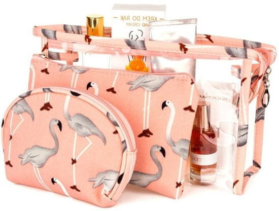 Camerazar Sada troch toaletných kufríkov Flamingo Pink, priehľadné a látkové, 15x25x8 cm