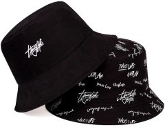 Camerazar Obojstranný rybársky klobúk BUCKET HAT, čierny s nápisom, polyester/bavlna, univerzálna veľkosť 55-59 cm