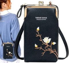 Camerazar Mini taška na telefón s kvetinovou výšivkou, čierna ekologická umelá koža, 18x11x5 cm