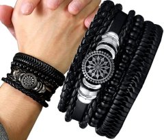 Camerazar Unisex sada 4 kožených náramkov Punk Black Rock, čierna/biela, vnútorný obvod 15,5-16,5 cm