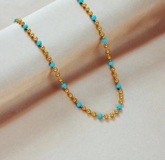 For Fun & Home Elegantný náhrdelník z chirurgickej ocele 316L, pokovovaný 18-karátovým zlatom, s modrými korálkami a predĺžením 5 cm