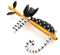 For Fun & Home Brošňa s čiernou mačkou na vetvičke, šperková zliatina, 5x3,5 cm