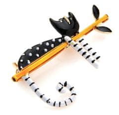 For Fun & Home Brošňa s čiernou mačkou na vetvičke, šperková zliatina, 5x3,5 cm