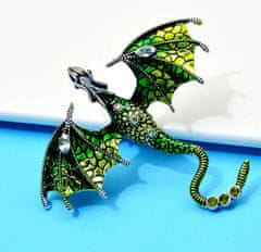 For Fun & Home Elegantná brošňa so zeleným drakom a zirkónmi, zliatinový šperk, 7x6,1 cm