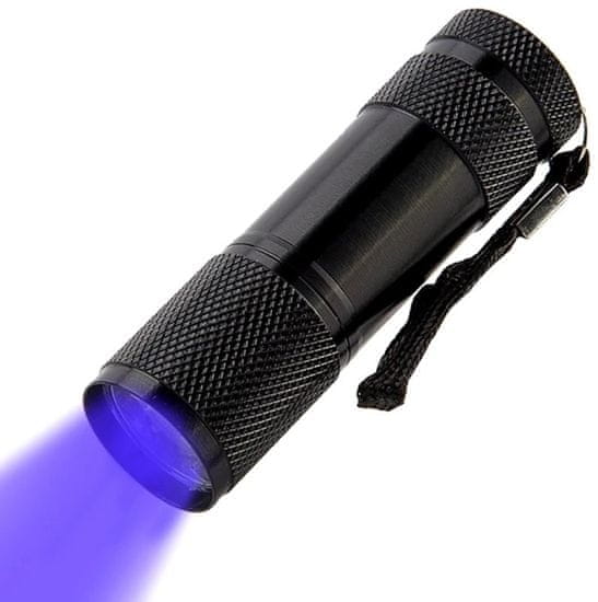 Camerazar Mini baterka s UV detektorom, čierna hliníková zliatina, 9 LED diód, 87x26 mm