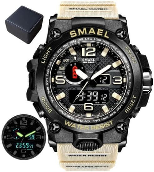 Camerazar Digitálne vodotesné pánske LED hodinky Smael s nárazuvzdorným dizajnom, khaki silikónovým remienkom a čiernym kovovým puzdrom