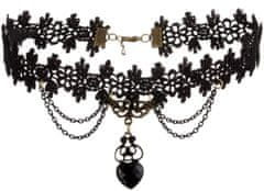 Camerazar Viktoriánsky náhrdelník z čiernej čipky, dĺžka 31 cm, šírka 3 cm, s príveskom a malými retiazkami