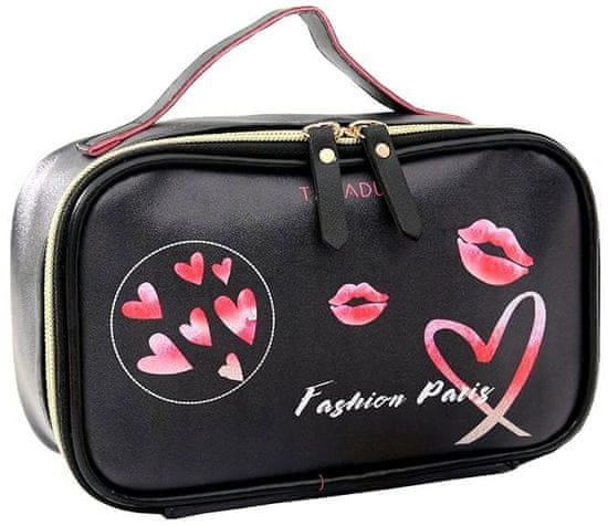 Camerazar Stredne veľká vodotesná kozmetická taška s organizérom na kefky, PVC+TPU, 21x13x8 cm, Hearts/Rty/Fashion Paris