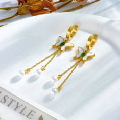 For Fun & Home Dlhé zlaté náušnice z chirurgickej ocele 316L s motýlikom a perlami, dĺžka 7 cm
