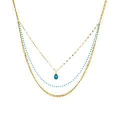 For Fun & Home Trojitý náhrdelník z 18-karátovej pozlátenej chirurgickej ocele s modrým kameňom, dĺžka 46 cm + 6 cm predĺženie