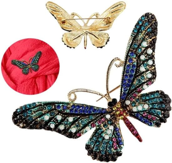 Camerazar Elegantná motýlia brošňa s farebnými zirkónmi, šperky zo zliatiny, 7,8 cm * 4 cm