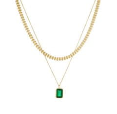For Fun & Home Dvojitý náhrdelník Zlato so zeleným kameňom z chirurgickej ocele
