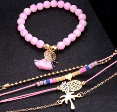 For Fun & Home Sada 5 náramkov s ružovými perlovými srdiečkami, zlatá a ružová farba, šperk z kovu