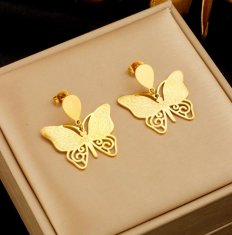 For Fun & Home Elegantné zlaté motýlie náušnice z chirurgickej ocele 316L, rozmery 3 x 2,8 cm, zapínanie na gombík