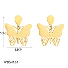 For Fun & Home Elegantné zlaté motýlie náušnice z chirurgickej ocele 316L, rozmery 3 x 2,8 cm, zapínanie na gombík