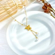 For Fun & Home Dlhý náhrdelník z chirurgickej ocele 316L, pozlátený 18-karátovým zlatom, s motýľom a perlami, dĺžka 40 cm + 5 cm predĺženie