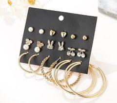 For Fun & Home Súprava 9 párov zlatých náušníc s perlami a zirkónmi, rozmery 1-5 cm