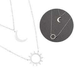 For Fun & Home Elegantný náhrdelník zo striebornej chirurgickej ocele 316L s dvojitou retiazkou a príveskami slnka a mesiaca, dĺžka 50 cm