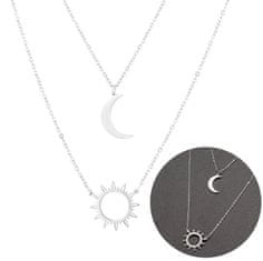 For Fun & Home Elegantný náhrdelník zo striebornej chirurgickej ocele 316L s dvojitou retiazkou a príveskami slnka a mesiaca, dĺžka 50 cm