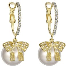 For Fun & Home Retro visiace náušnice s veľkými perlami a zlatými mašľami, plast/perly/šperk, 4x1,5 cm