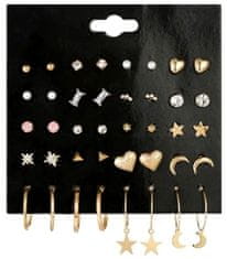 For Fun & Home Súprava 20 párov zlatých karnevalových náušníc so zirkónmi a perlami, rozmery 1-5 cm