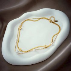 For Fun & Home Náhrdelník z chirurgickej ocele 316L s dvojitou zmijou, pozlátený 18-karátovým zlatom, s perlami
