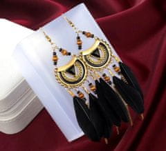 For Fun & Home Dlhé dámske náušnice na strapcoch, čierna/béžová farba, šperk z kovu/korálikov/peria, 13x2 cm