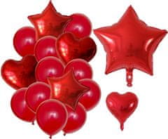 Camerazar Sada 14 červených balónov s hviezdičkami a srdiečkami, latex a fólia, veľkosť 45 cm a 25 cm