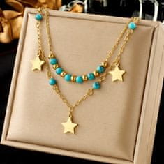 For Fun & Home Dvojitý náhrdelník z chirurgickej ocele 316L, zlatý, s modrými hviezdičkami a kruhmi, dĺžka 40-44 cm