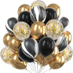 Camerazar Sada 30 balónov v zlatej a čiernej farbe, latex, priemer 25 cm, s konfetami na svadbu a narodeninovú oslavu