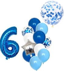 Camerazar Sada 12 modrých a bielych balónov s konfetami a číslom 6, fóliový materiál, výška 82 cm