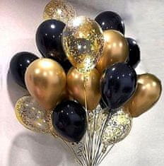Camerazar Sada 40 balónov v čiernej, zlatej a bielej farbe s konfetami, latex, priemer 30 cm