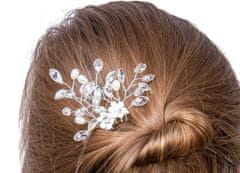 Camerazar Elegantná strieborná svadobná spona do vlasov s bielymi perlami a kryštálmi v tvare slzy, 8 cm