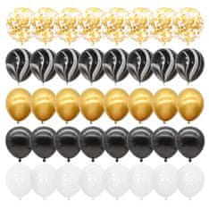 Camerazar Sada 40 balónov v čiernej, zlatej a bielej farbe s konfetami, latex, priemer 30 cm