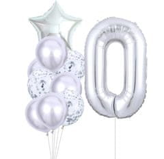 Camerazar Sada 10 strieborných narodeninových balónov s číslom 0, výška čísla 81 cm, veľkosť hviezdy 45 cm, latex