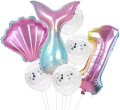 Camerazar Sada 7 balónov s konfetami vo farbe morskej panny a bielej farby, fólia a latex, rôzne veľkosti (81 cm, 80 cm, 50 cm)