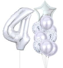 Camerazar Sada 10 strieborných balónov na štvrté narodeniny - fólia a latex, výška číslice 81 cm, veľkosť hviezdy 45 cm