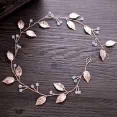 Camerazar Svadobná tiara na drôte GOLDEN CRYSTAL LEAVES, zlatá farba, dĺžka 42 cm