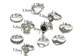 Camerazar Sada 10 punkových prsteňov zo striebornej ocele s transparentnými zirkónmi, šírka 0,2-1,5 cm
